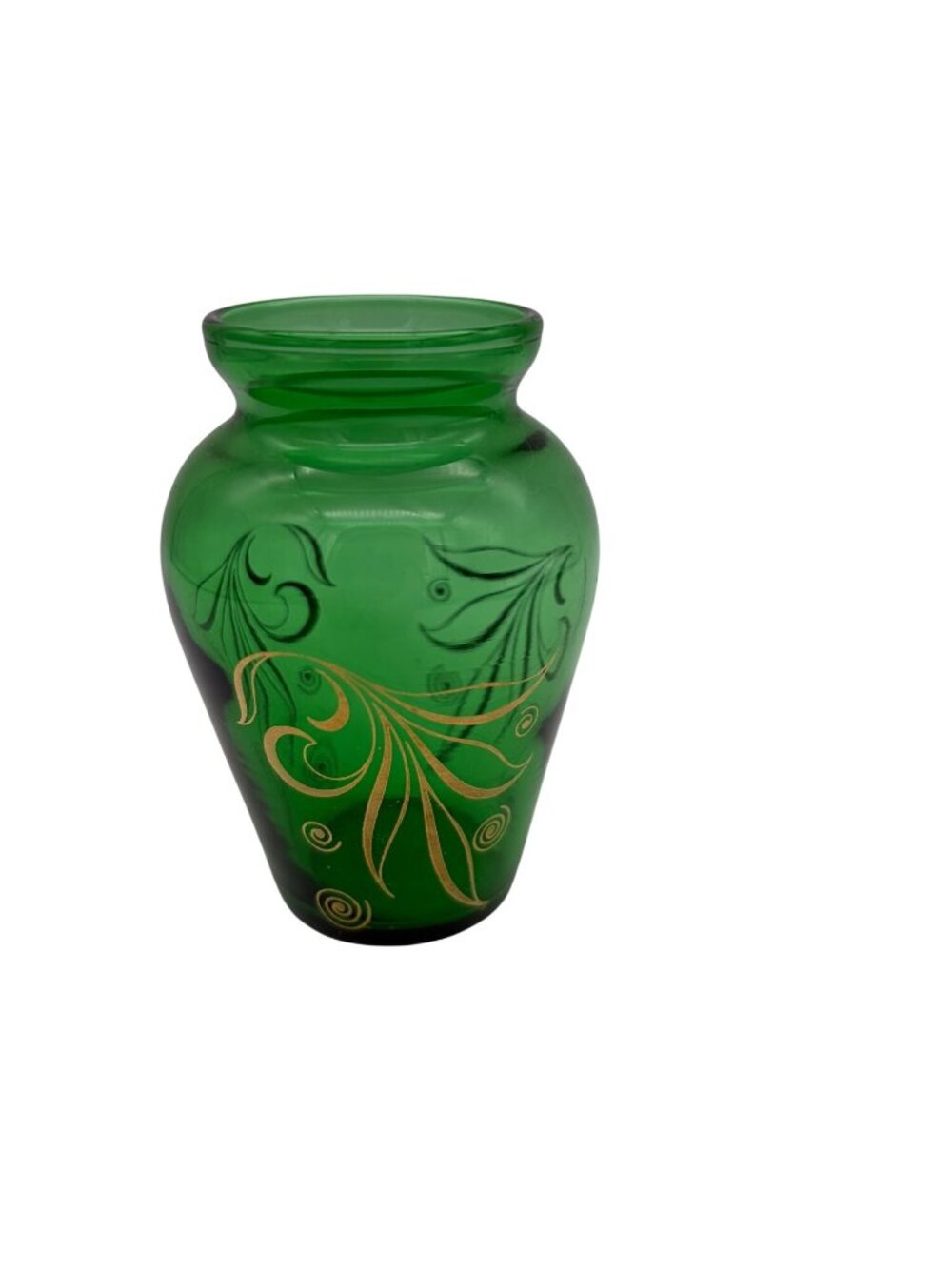 Vintage Green Art Glass Vase Gold Floral Scroll Decor 4 Inch Hand Painted MCM